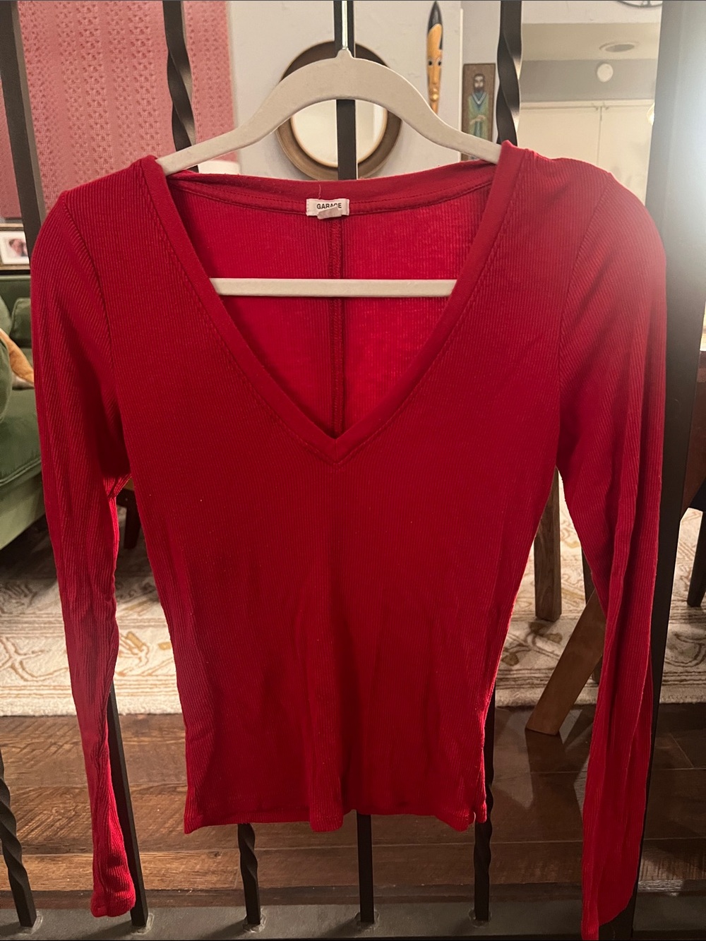 Garage Women's Deep Red Ribbed V-Neck Long Sleeve Top